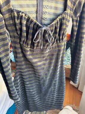 Vintage Betsy Johnson Size S Geen & Black Stretchy Velvet Dress - Made in USA!